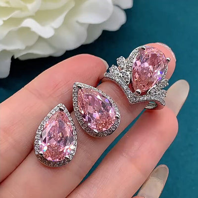 Parure tendance des influenceurs, bague ouverte, pendentif et boucles d'oreilles, couronne de luxe en forme de goutte, couleur imitation tourmaline rose