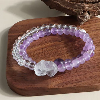 Bracelet améthyste naturelle et cristal de roche, pendentif fleur et perle, chaîne double rang, bijou énergétique de sagesse pour femme