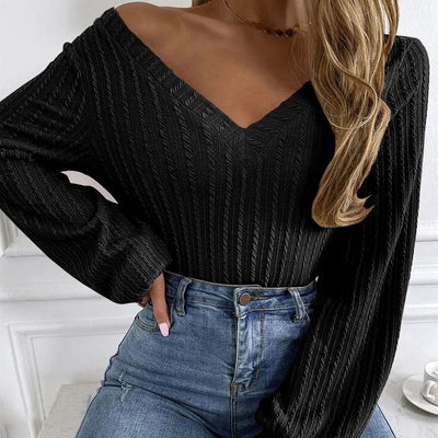 Women's New Long-sleeved Jacquard Knitted V-neck Lantern Sleeve Top
