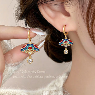 Boucles d'oreilles en éventail thème forêt style chinois moderne, boucles en zircon originales haut de gamme style chinois, boucles émaillées élégantes style ancien