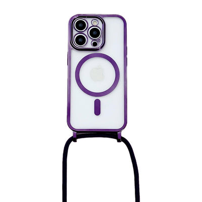 Coque transparente magnétique avec cordon, finition galvanisée, compatible iPhone 16, 15 Pro, Apple 17, à porter en bandoulière, antichoc