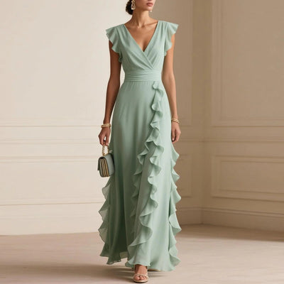 Robe longue élégante à volants, dos nu, col en V
