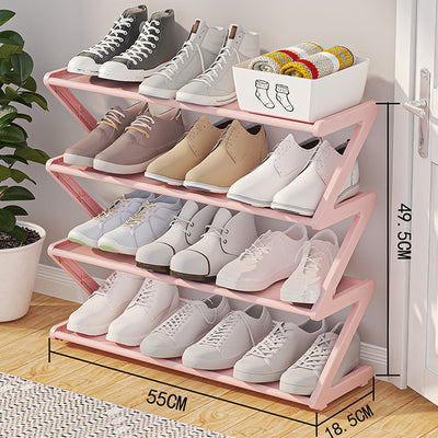 Range-chaussures en Z à 4 niveaux : gain de place, fixation murale/en angle, empilable, étagère de rangement réglable.
