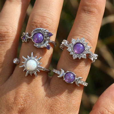 Parure de bagues soleil et lune violettes style français, rétro, mystérieuses et rêveuses, au style élégant, luxueux et haut de gamme