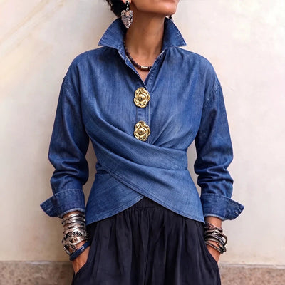 Chemise effet denim rétro à boutons fleurs pour femme