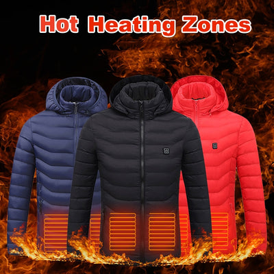 Doudoune chauffante homme, manteau chauffant électrique à capuche isolée, coupe-vent 9 zones de chauffe