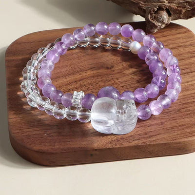 Bracelet améthyste naturelle et cristal de roche, pendentif fleur et perle, chaîne double rang, bijou énergétique de sagesse pour femme