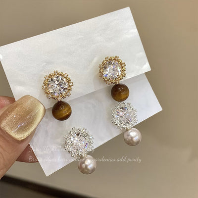 Boucles d'oreilles tournesol vintage serties de strass Melard, œil de tigre et perle, luxe discret, haut de gamme, polyvalentes, pour femme au quotidien