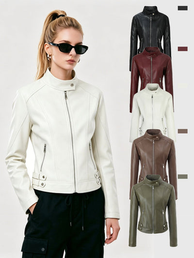 Veste en simili cuir PU col montant cintrée pour femme style européen et américain, nouveau modèle printemps 2026, veste en cuir zippée élégante et chic