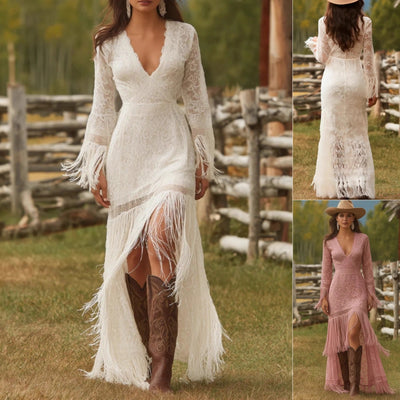 Élégante robe bohème vintage pour femme à franges, dentelle blanche, col en V, manches à franges, robe de soirée mode automne, robes longues pour invitée de mariage