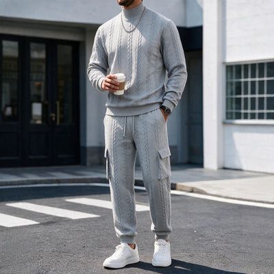 Ensemble pantalon de jogging en maille jacquard pour homme, col montant, uni