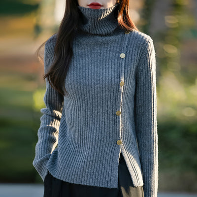 Pull côtelé col montant pour femme avec boucle de ceinture