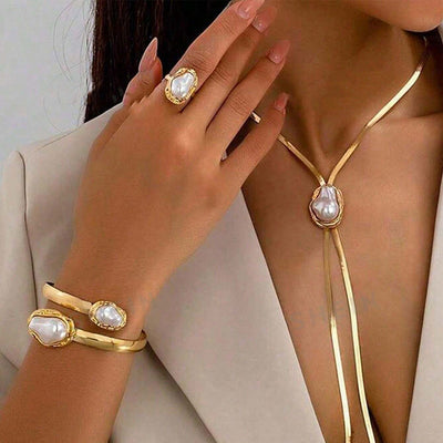 Parure de bijoux en perles baroques transfrontalière, chaîne os de serpent tendance, bracelet ouvert, bague, bijoux luxe abordable polyvalents en gros