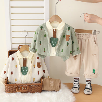 Ensemble trois pièces pull enfant à imprimé arbres, tenue en maille unisexe printemps/automne 0-4 ans
