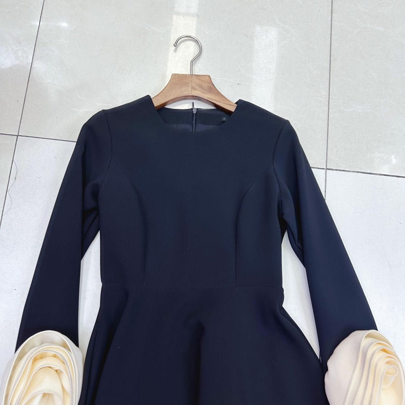 three-dimensional flower long sleeved dress with elegant temperament and waist cinching