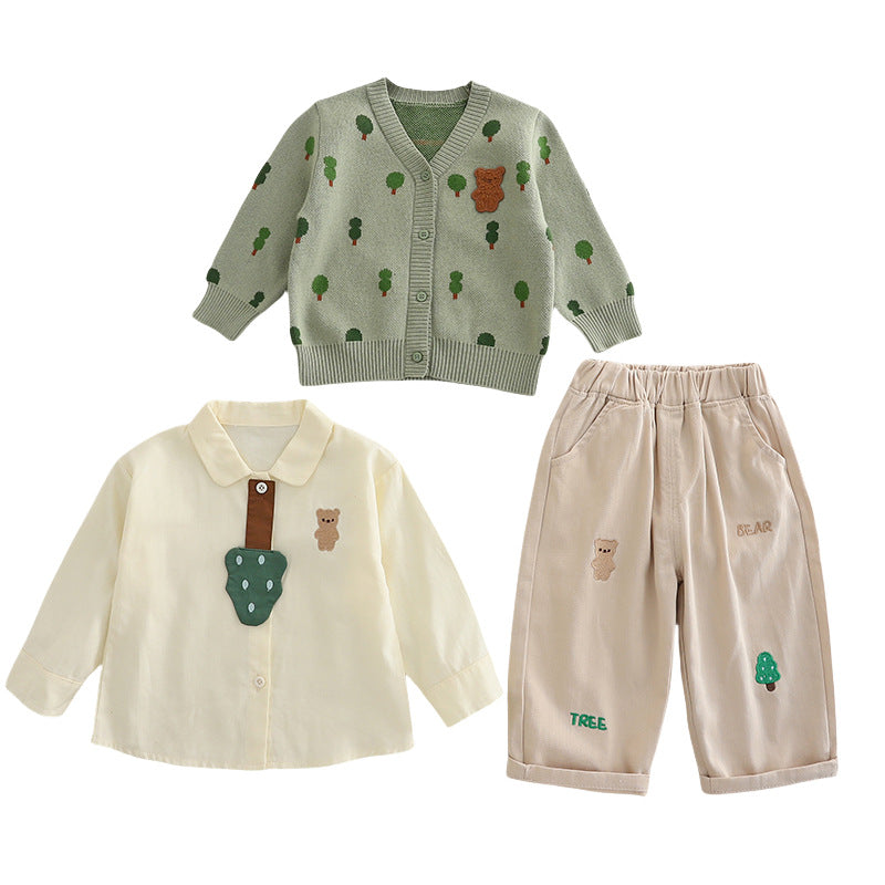 Children's All-Over Print Tree Sweater Three-Piece Set, Spring Autumn Unisex Knitwear Outfit 0-4 Years Old