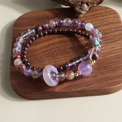 Bracelet améthyste naturelle et grenat, multi-pierres, chaîne multi-rangs, bijou énergétique de sagesse pour femme