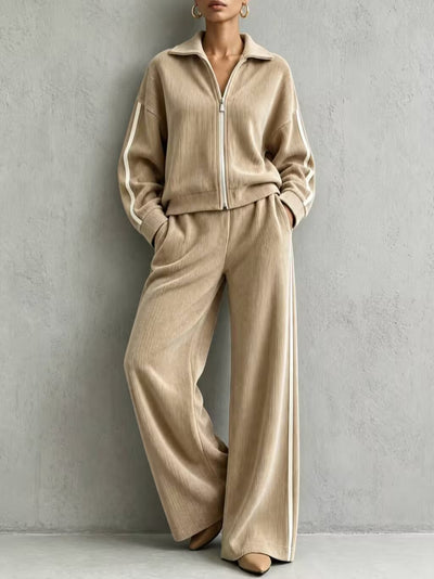 Ensemble deux pièces décontracté en velours côtelé pour femme, automne-hiver, style européen et américain import, veste zippée à col et pantalon large taille haute
