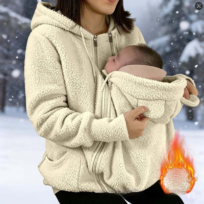 Sweat-shirt à capuche en velours côtelé avec poche bébé, veste zippée épaisse pour femme, tenue assortie parent-enfant
