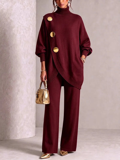 Tenue en maille pour femme, col roulé élégant pour le travail avec boutons dorés irréguliers &amp; pantalon large ample, ensemble 2 pièces