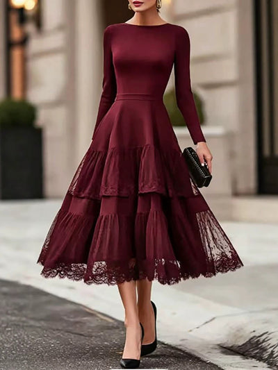 Amazon 2026 Nouvelle robe automne style français, col rond, unie, manches longues, empiècements en maille, élégante, taille cintrée