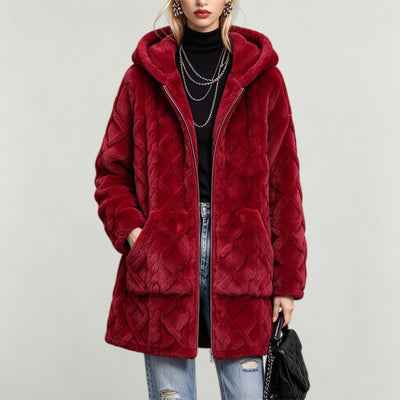 Long manteau zippé en peluche chaud à capuche tendance pour femme