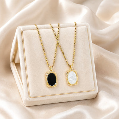 Collier pendentif plaque rectangulaire en acier inoxydable plaqué or 18 carats pour femme, onyx noir ou nacre blanche vintage, chaîne vénitienne, bijou délicat du quotidien, idée cadeau