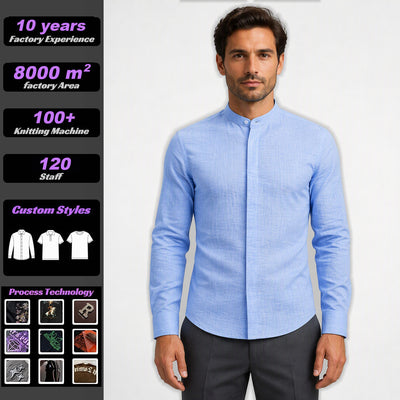 Chemise homme transfrontalière vintage imitation lin, col montant, manches longues, infroissable haut de gamme, chemise d'été fine pour homme, style business