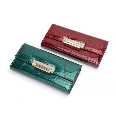 Women's Patent Leather Stone Pattern Long Genuine Leather Wallet
