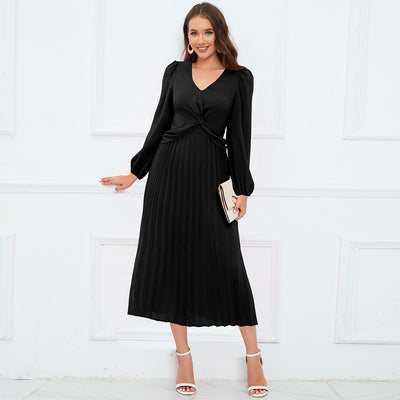 Women's Long Sleeve V-neck Slim-fit Pleated Dress