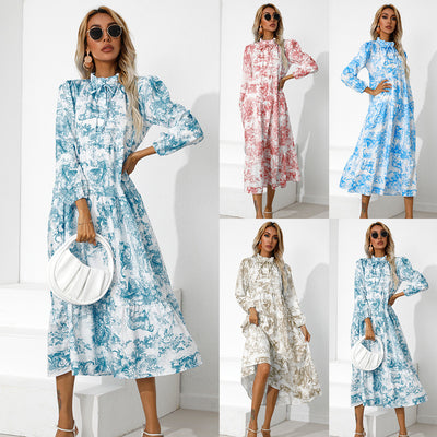 Retro Women's Clothing Printed Loose Long Sleeves Dress