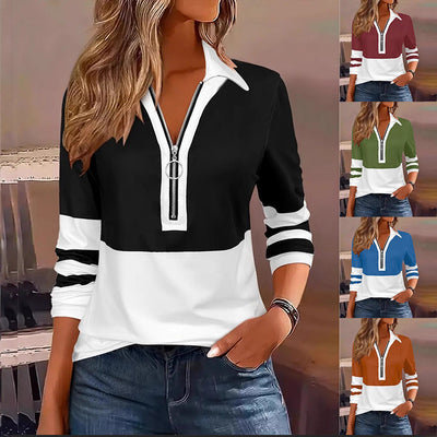T-shirt femme décontracté tendance imprimé à revers zippé et manches longues