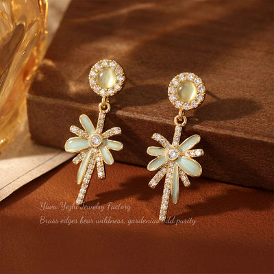 Boucles d'oreilles fleur pampille goutte d'eau en zircon rétro à la française, boucles feu d'artifice luxe discret et élégantes pour femme, haut de gamme
