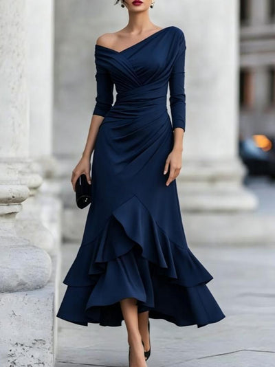 Nouvelle robe ajustée élégante pour femme, style européen et américain, automne 2026, col en V, épaules dénudées, volants, manches longues