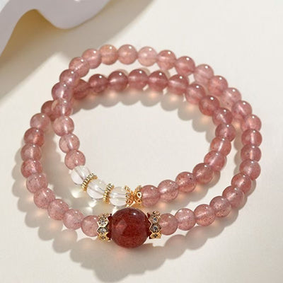 Bracelet en quartz fraise naturel et cristal de roche, double rang de perles, bijou énergie de l'amour pour femme