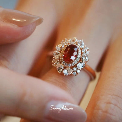 Bague ouverte vintage haut de gamme raffinée, rubis trésor de couleur, diamant ajouré, bague femme très belle, simple style français