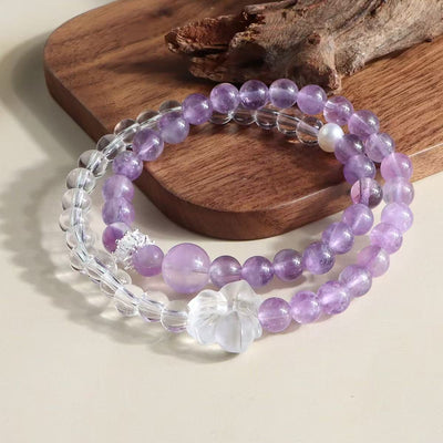 Bracelet améthyste naturelle et cristal de roche, pendentif fleur et perle, chaîne double rang, bijou énergétique de sagesse pour femme