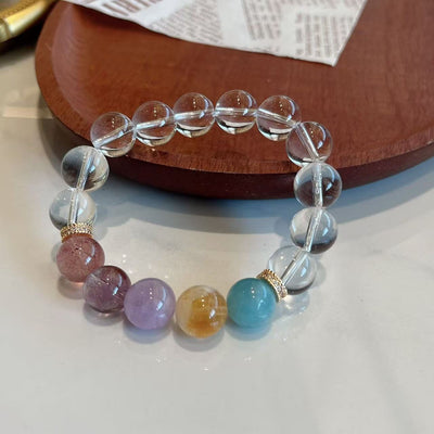 Bracelet multi-pierres naturelles aigue-marine, quartz rutile doré, améthyste, perles bicolores, bijou énergie pour femme