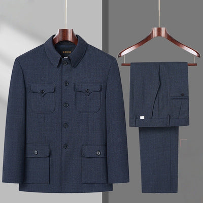 Ensemble costume Mao vert militaire pour hommes d'âge mûr et seniors