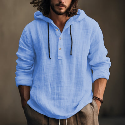 Chemise sweat à capuche en coton-lin manches longues